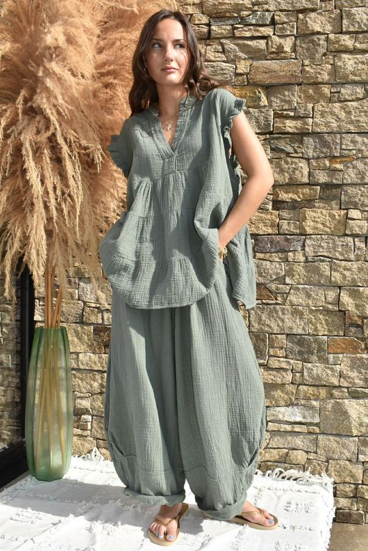 Tasha Cushion Cotton Cap Sleeve Tier Top Khaki